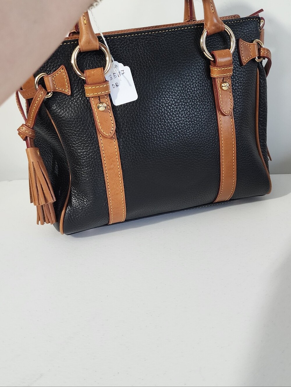 Dooney & Bourke Black Pebbled Leather Satchel with Tan Trim - Picture 3 of 7